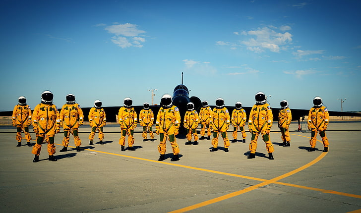 yellow astronaut gear, pilot, airplane, jet fighter, aircraft