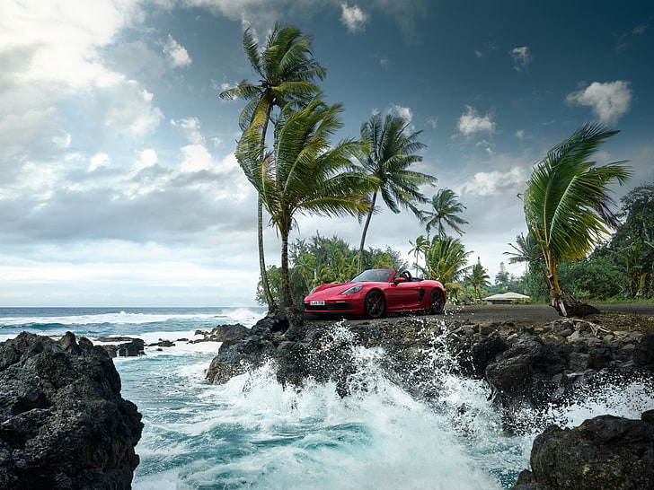 car, sea, red cars, palm trees, sky, Porsche 718 Boxster S