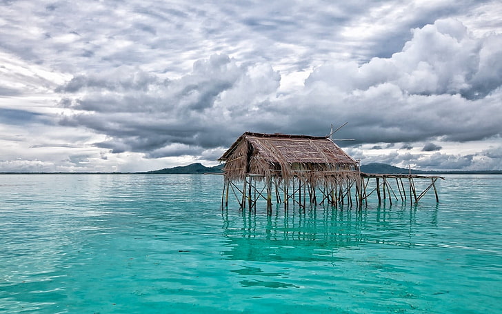 brown wooden hut, piles, clouds, sea, mountains, nature, water, HD wallpaper