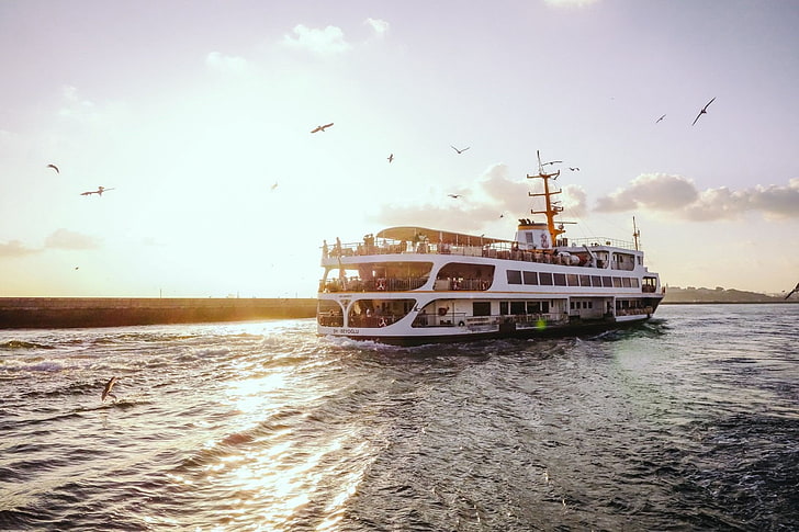 sailing ship, boat, sea, Istanbul, seagulls, sunset, river, HD wallpaper