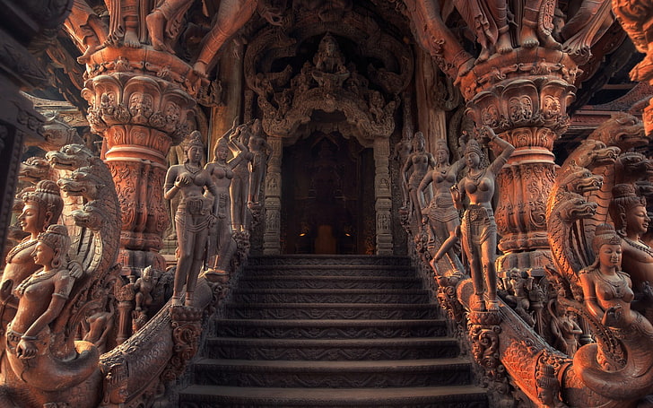 red concrete stair, architecture, interior, staircase, HDR, India, HD wallpaper