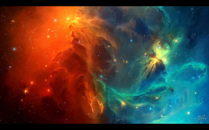 red and blue nebula, space, TylerCreatesWorlds, space art, stars