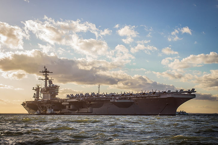 gray aircraft carrier, USS George H.W. Bush (CVN-77), jet fighter, HD wallpaper