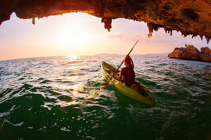 women, sea, water, kayaks, sky, real people, one person, beauty in nature
