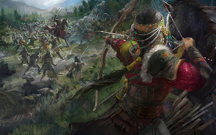 character holding arrow painting, fantasy art, battle, bow, archer, HD wallpaper