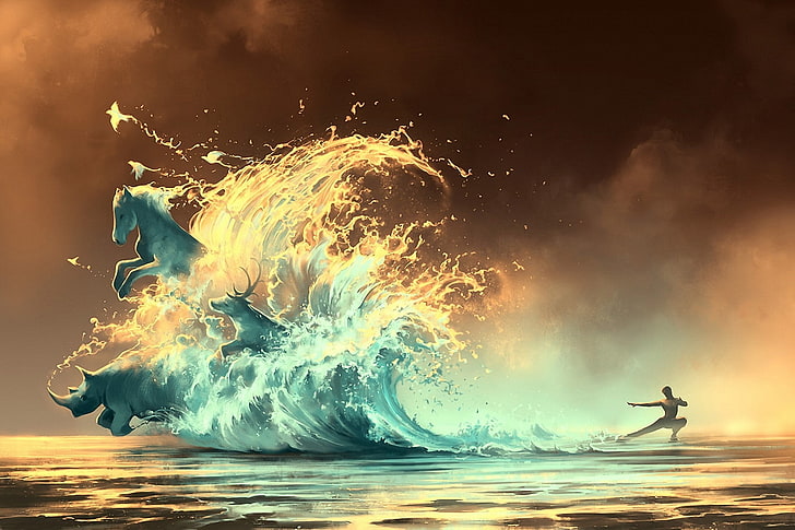 sea waves forming animals hologram wallpaper, Avatar, water, artwork