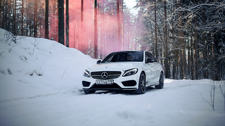 C63 AMG, winter, Mercedes Benz, HD wallpaper