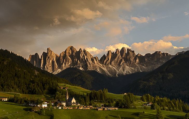 green leafed trees, field, clouds, village, Italy, The Dolomites