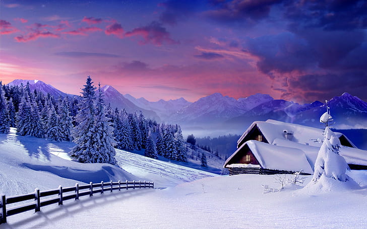 landscape, winter, snow, mountains, trees, sky, cabin