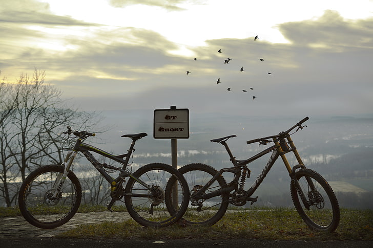 two black full-suspension bikes, Downhill mountain biking, birds, HD wallpaper