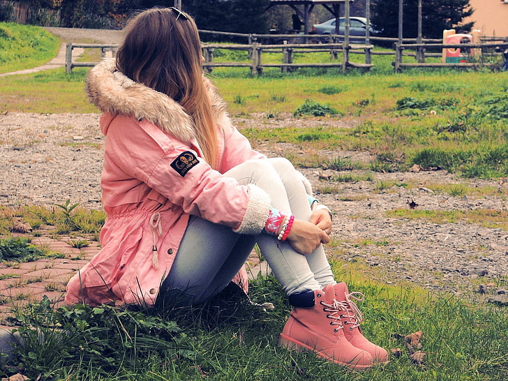 model, women, sitting, women outdoors, pink coat, coats, women with shades, HD wallpaper