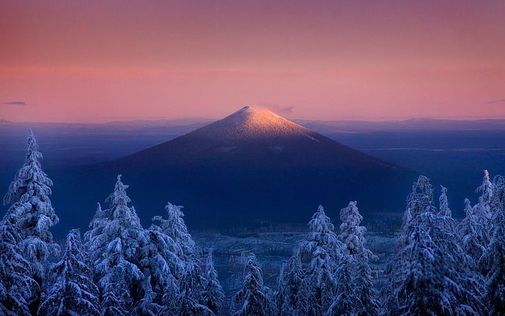 snowy mountain, volcano, Oregon, sunset, forest, mountains, trees, HD wallpaper