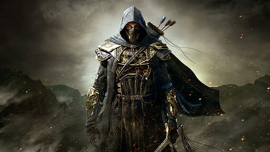 HD wallpaper: mountains, clouds, sword, warrior, hood, armor, arrows,  killer | Wallpaper Flare