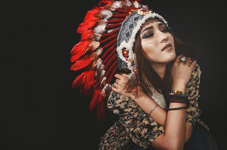 women, feathers, closed eyes, Asian, headdress, young adult, HD wallpaper