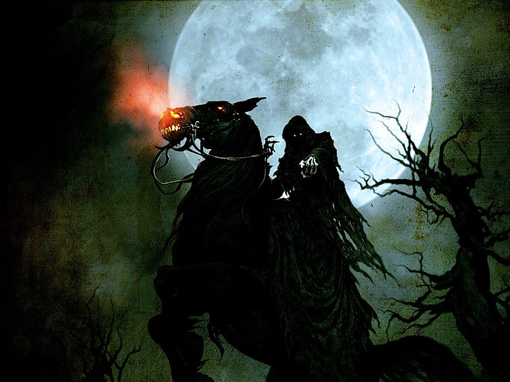 reaper riding horse painting, bones, knight, Moon, creepy, fantasy art