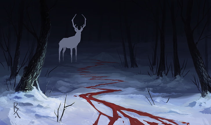 silhouette of deer illustration, fantasy art, blood, forest, dark