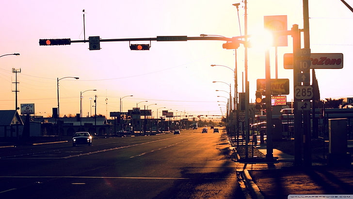 street, city lights, car, cityscape, sun rays, road sign, transportation