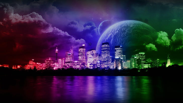 1920x1080 px cities clouds fiction multicolor outer planets rainbows science space water Anime Ah! My Goddess HD Art