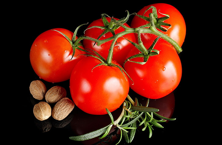 five red tomatoes, branch, nuts, vegetable, food, freshness, organic, HD wallpaper