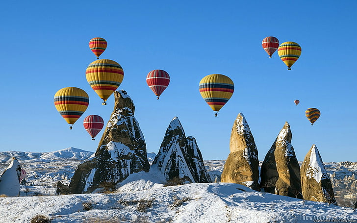and, balloons, beauty, cappadocia, over, snowy, travel, turkey, HD wallpaper
