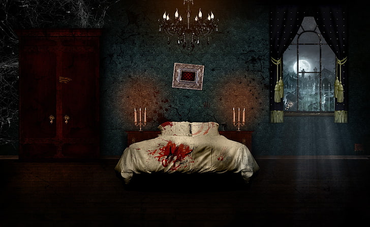 Horror Room HD Wallpaper, white bedspread sheet, Holidays, Halloween