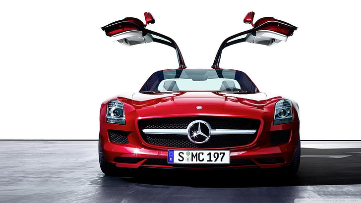 red Mercedes-Benz gullwing door car, Mercedes-Benz SLS AMG, Mercedes AMG Petronas