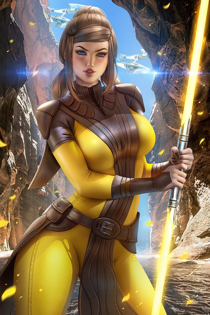 Bastila Shan, Star Wars, fictional character, twintails, yellow clothing