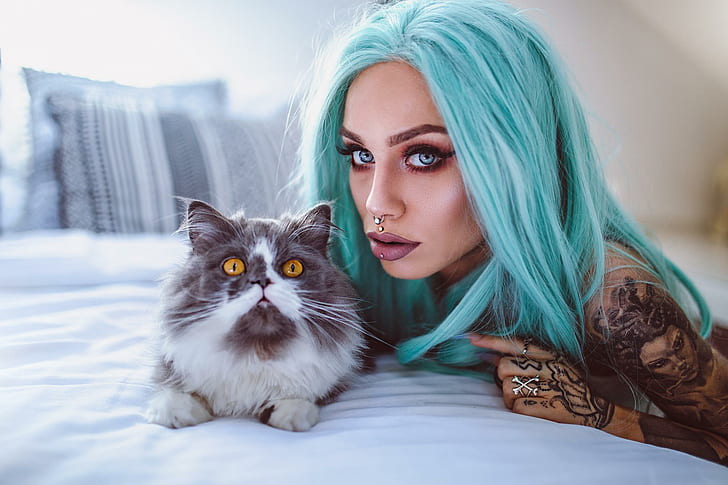 women, cat, green eyes, green hair, HD wallpaper