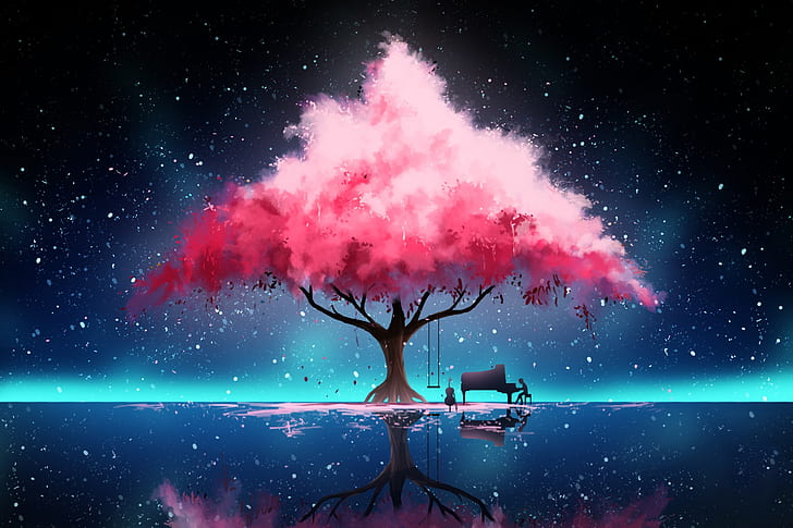 Reflection, Tree, Night, Music, Stars, Fantasy, Art, Concept Art, HD wallpaper