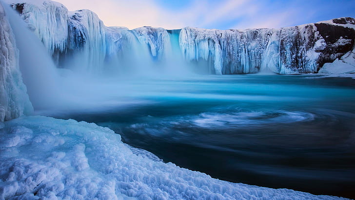 ice, nature, landscape, waterfall, winter, motion blur, cyan, HD wallpaper