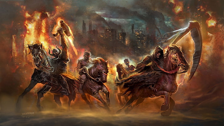 apocalyptic, destruction, fantasy Art, fire, Four Horsemen Of The Apocalypse, HD wallpaper