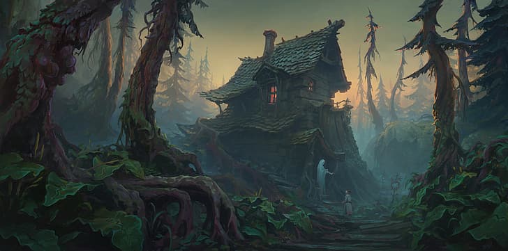 Gabriel Nagypal, drawing, house, trees, forest, plants, baba yaga, HD wallpaper