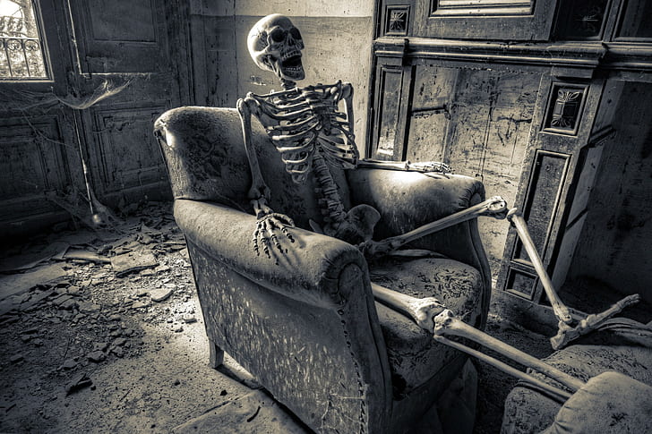 chair, skeleton, ruin