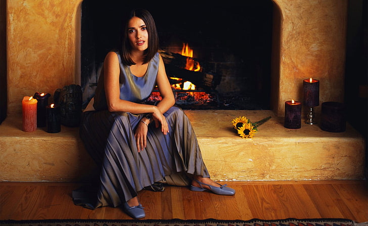 Salma Hayek Sitting, women's blue sleeveless long dress, Female celebrities, HD wallpaper