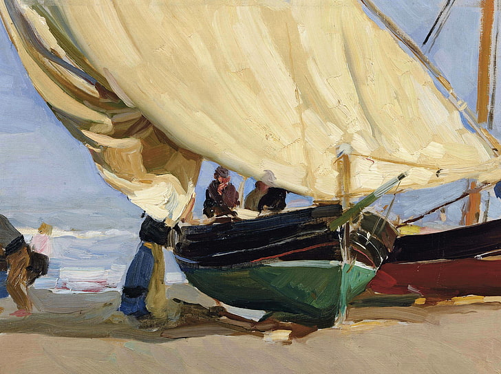 picture, sail, Joaquin Sorolla, Fishing Boat in the Shallows