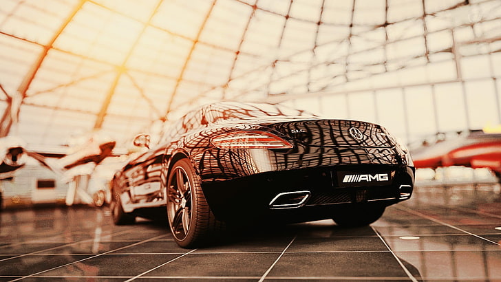 black Mercedes-Benz sports car in close-up photography, supercars, HD wallpaper