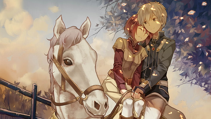 man and woman riding on horse anime digital art, Akagami no Shirayuki-hime, HD wallpaper