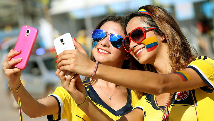 women's blue and gold-colored sunglasses, FIFA World Cup, selfies