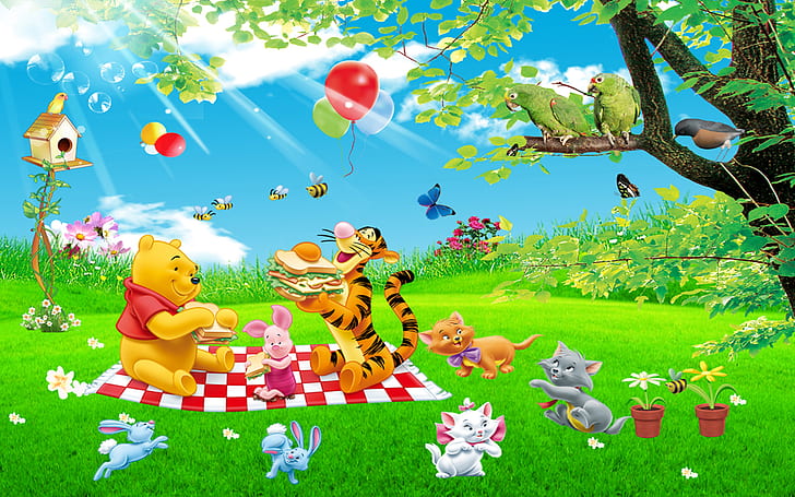 Cartoon Tigger Piglet And Winnie The Pooh Picnic Summer Nature Toast Sndvich Full Hd Wallpapers 1920×1200, HD wallpaper