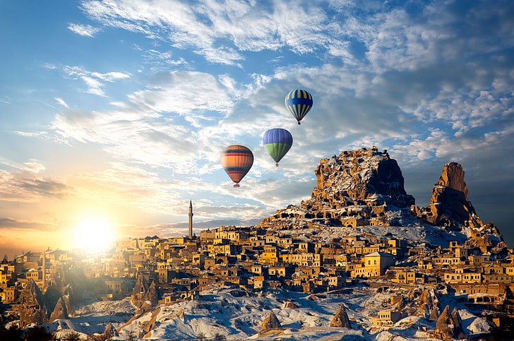 Turkey, hot air balloons, Cappadocia, sky, nature, sunset, cloud - sky, HD wallpaper