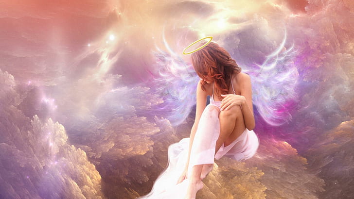 Ange Du Ciel, red haired angel painting, nuage, rose, femme, ailes, HD wallpaper