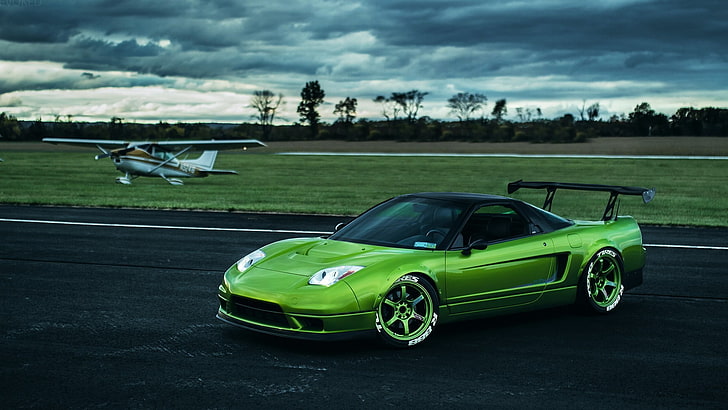 green supercar, Honda, Honda NSX, airplane, rims, green cars