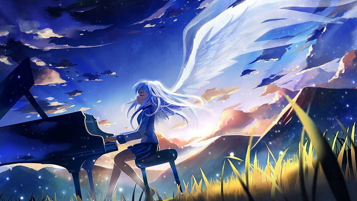 Angel Beats!, anime girls, piano, Tachibana Kanade, manga, wings