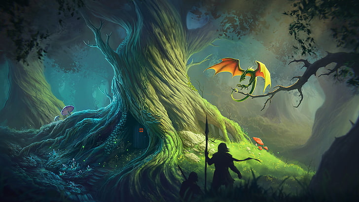 game illustration, digital art, forest, dragon, fantasy art, water, HD wallpaper