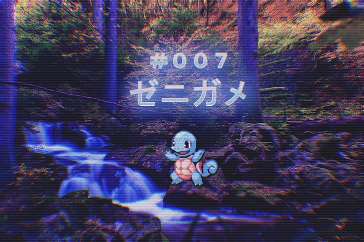 Pokémon, Squirtle, Zenigame, vaporwave, river, forest, landscape