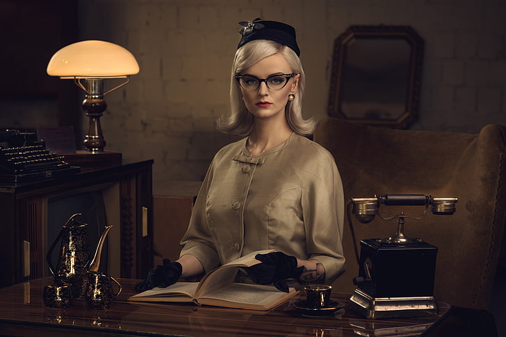 girl, retro, table, lamp, glasses, blonde, Cup, gloves, book
