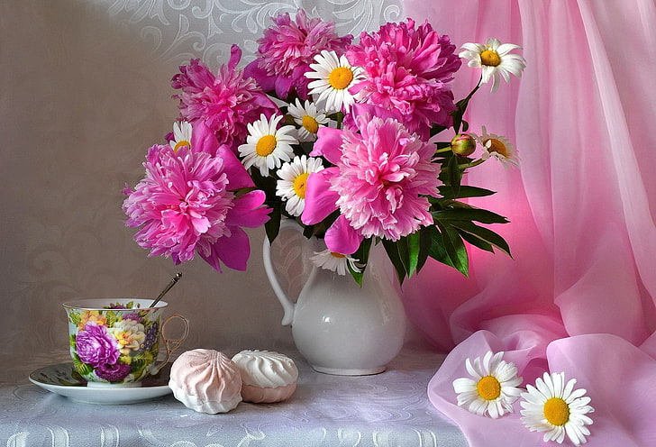 Photography, Still Life, Cookie, Cup, Daisy, Flower, Peony, HD wallpaper