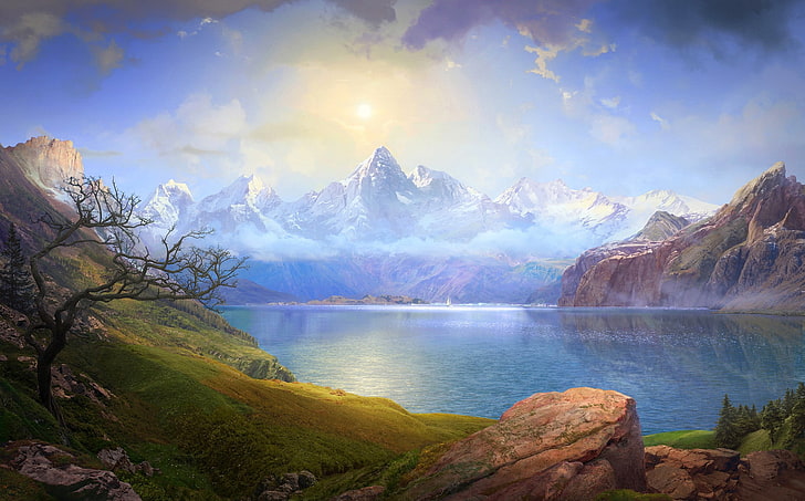 brown and white house near body of water painting, mountains, HD wallpaper