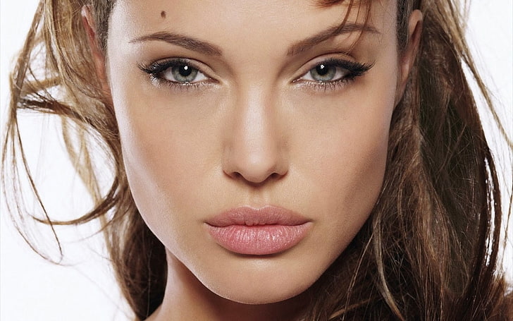 Angelina Jolie, women, actress, closeup, brunette, face, gray eyes