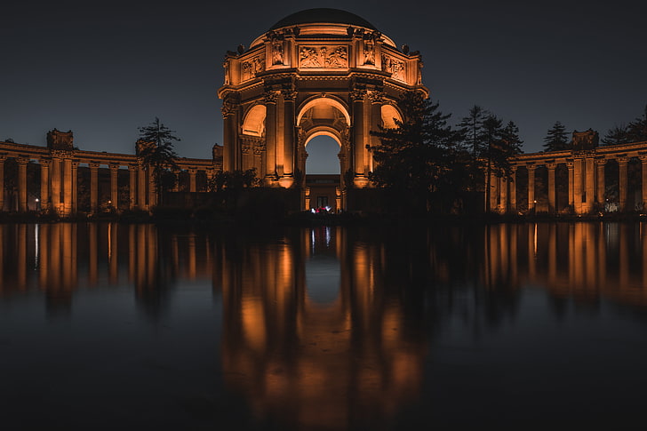 brown house, palace of fine arts, arch, night, san francisco california